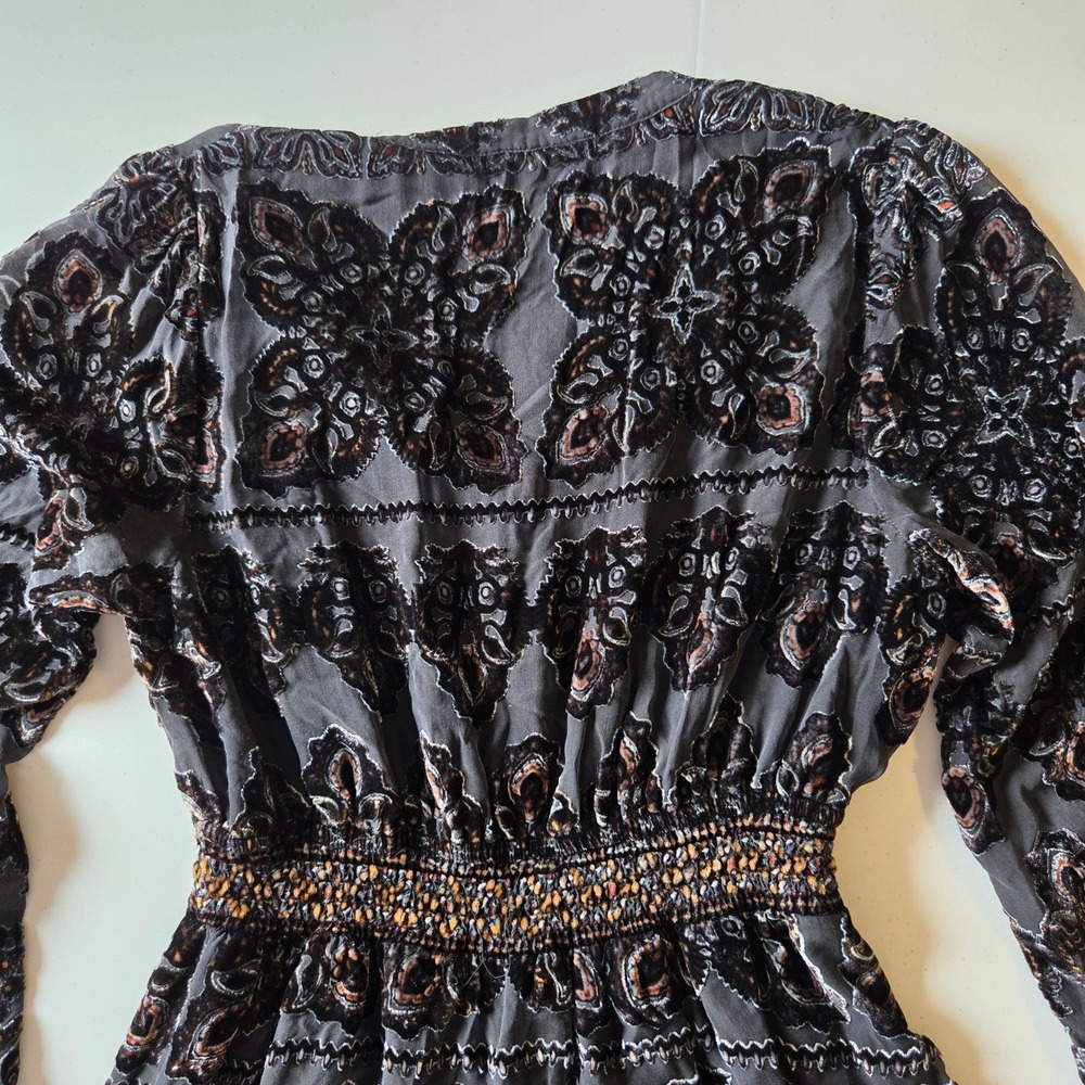 Hale Bob Silk Blend Burnout Velvet Mini Dress Charcoal Gray Copper Damask M - Picture 8 of 12